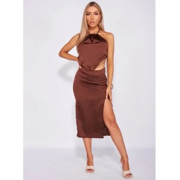 Brown Satin Halter Neck Backless Handkerchief Top and Midi Skirt Two Piece Set - Picture 2 of 13